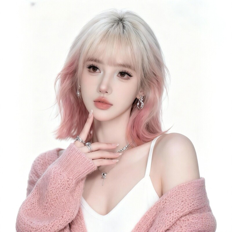 Wig for Women, Korean Style, High Ponytail, Age-Reducing Short Hair, Gold Gradient Pink, Natural Everyday Bob, Breathable Full Wig