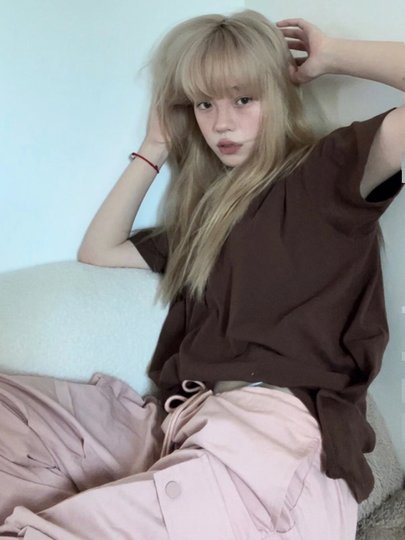 Wig for Women, Long Straight Hair, Girl Group Jk, Pearl Beige, Natural and Sweet, Lolita Air Bangs, Long Straight Hair, Full Wig