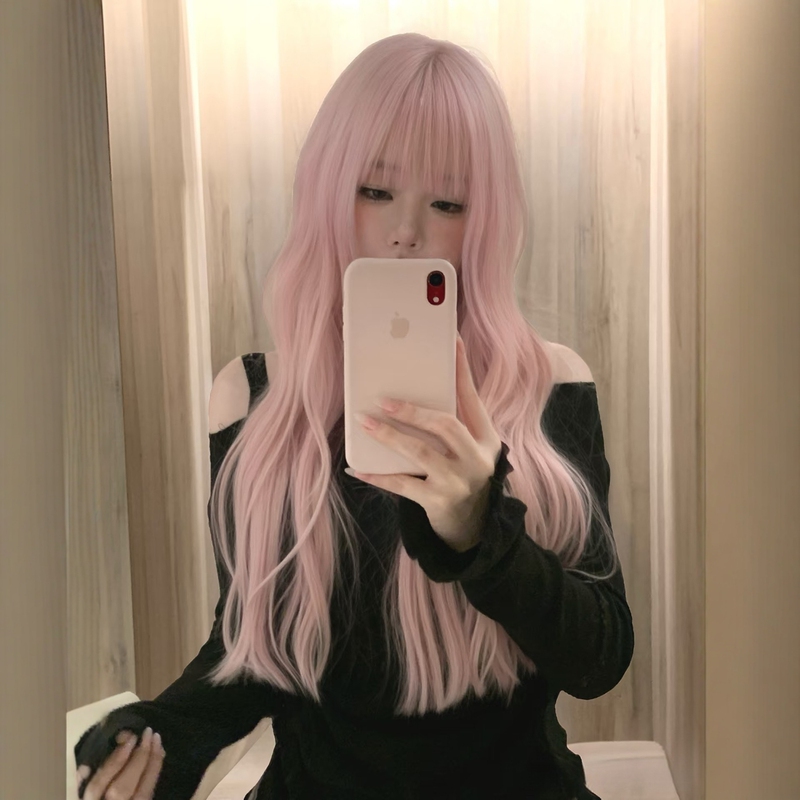 Cherry Blossom Pink Air Bangs Long Curly Wig, Realistic Human Hair Full Head Wig, Sweet Girl Cosplay Daily Full Head Wig