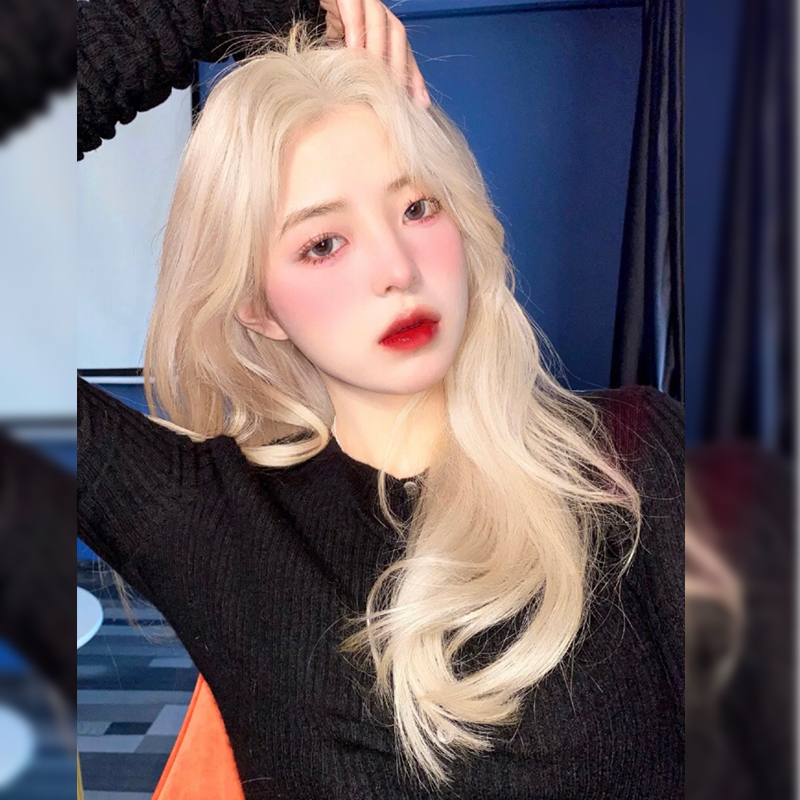 Mid-point rose platinum wig women's medium-length curly hair Internet celebrity without bangs temperament natural full-head wig