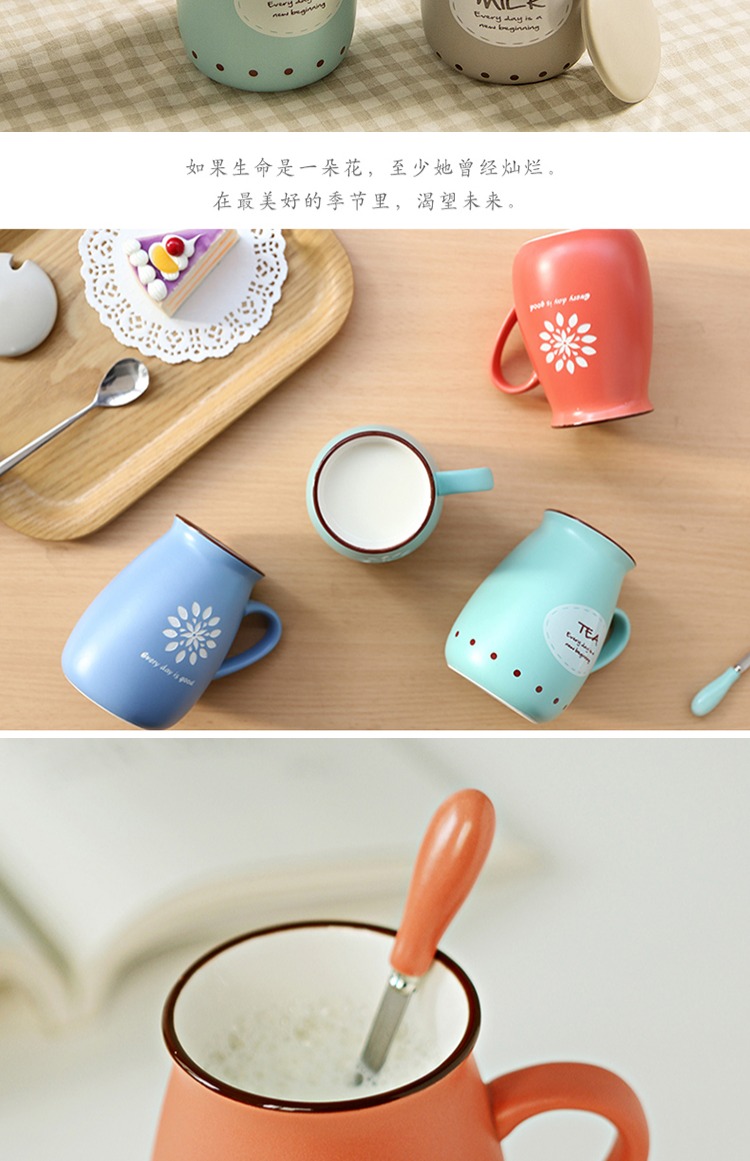 Cốc gốm sáng tạo dễ thương cốc hoài cổ có nắp muỗng cá tính cốc nước cốc cà phê cốc đôi tùy chỉnh bình thuỷ giữ nhiệt
