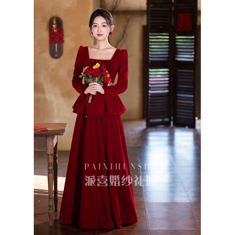 Chinese-Style Plus-Size Fat Girl Wedding Dress 2026 New Burgundy Winter Bride Engagement Dress Long-Sleeved Homecoming Dress Chinese-Style Plus-Size Fat Girl Wedding Dress 2026 New Burgundy Winter Bride Engagement Dress Long-Sleeved Homecoming Dress