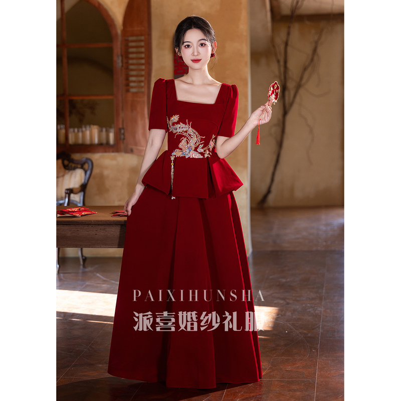 Chinese-Style Plus-Size Fat Girl Wedding Toast Dress 2026 New Burgundy Autumn Bride Engagement Dress Short-Sleeved Homecoming Dress