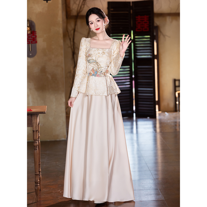 Champagne-Colored Chinese-Style Plus-Size Bride's Toast Dress 2026 New Autumn and Winter Engagement Dress Long-Sleeved Homecoming Dress