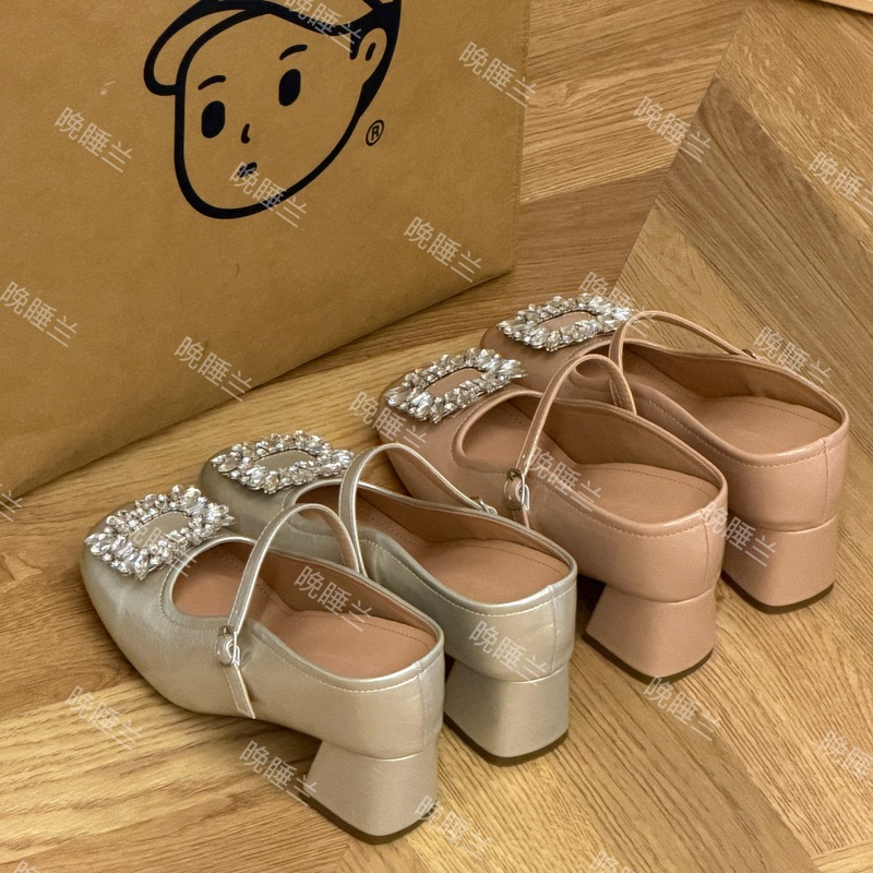 Late Night Orchid • 10cm Hidden Heel Nude Patent Leather Square-Toe Slip-On Mules with Rhinestones, Stylish New Chunky Heel Shoes