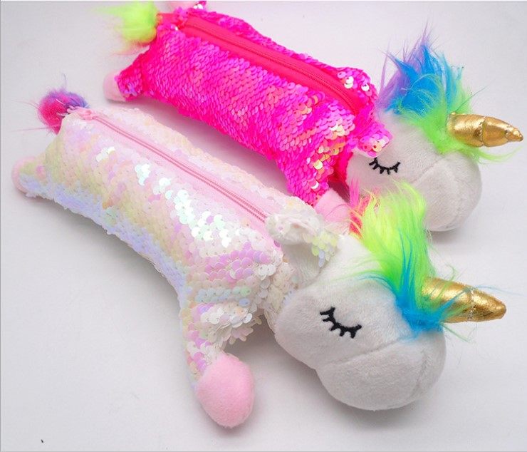 High quality sequin unicorn dinosaur doll Plush toy Creative student pen bag female Korean cute storage gift