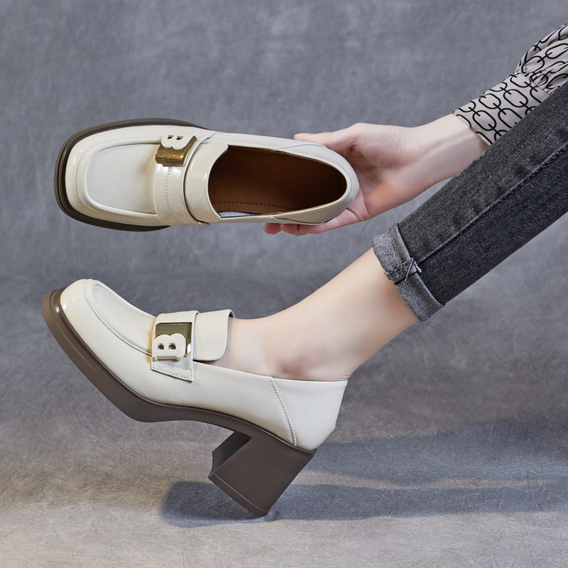 Genuine Leather Chunky High-Heeled Slip-On Loafers for Women with Thick Soles and Square Toes, Patent Leather Small Leather Shoes, Trendy New Style for Spring and Autumn 2026