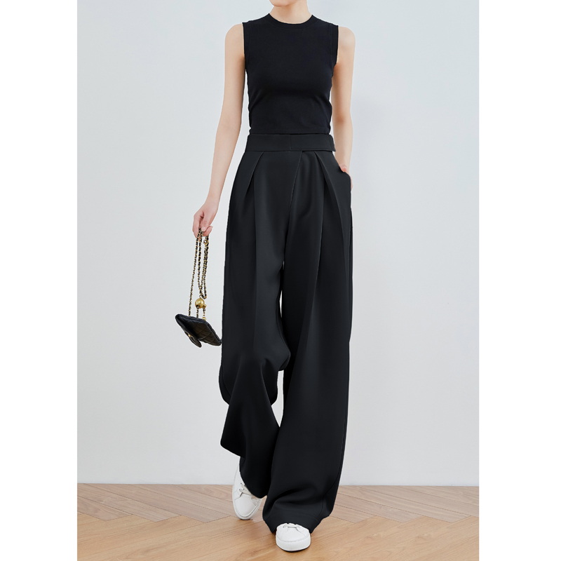 Faesslin Tall [Street Style Expert] Black Suit Pants Women's Summer Thin Casual Pants Retro Straight-Leg Trousers