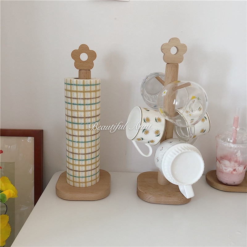 Creative roll paper rack beech wood small fresh small flower cup holder kitchen paper plastic wrap storage rack mug hanger