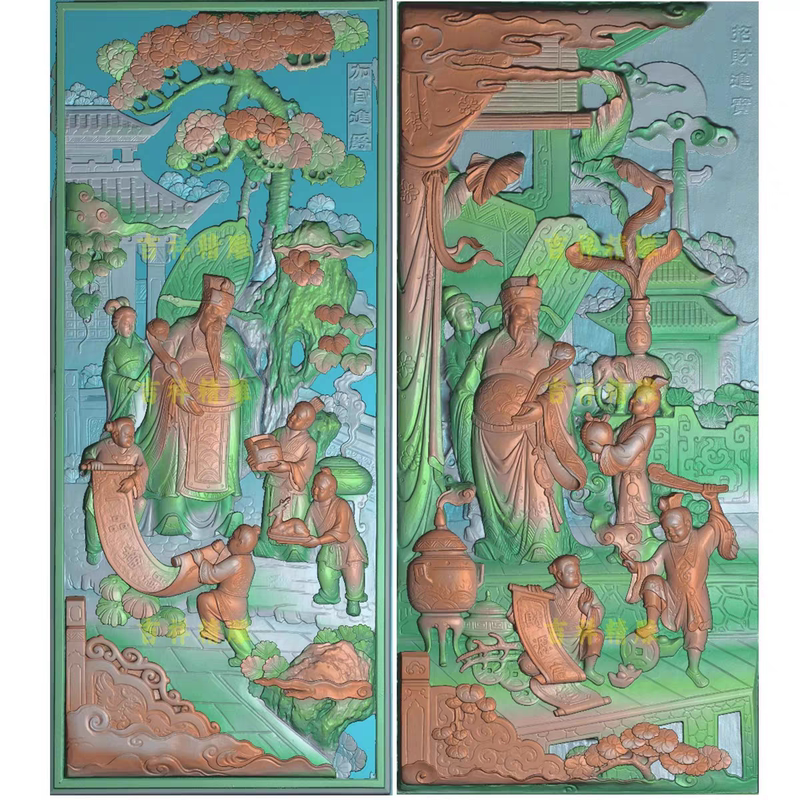 Detailed Sculptures of Figures from the Ming Dynasty That Symbolize Wealth and Prosperity, Scanned Images of Stone Carvings and Murals on the Facades of Ancient Temple Buildings