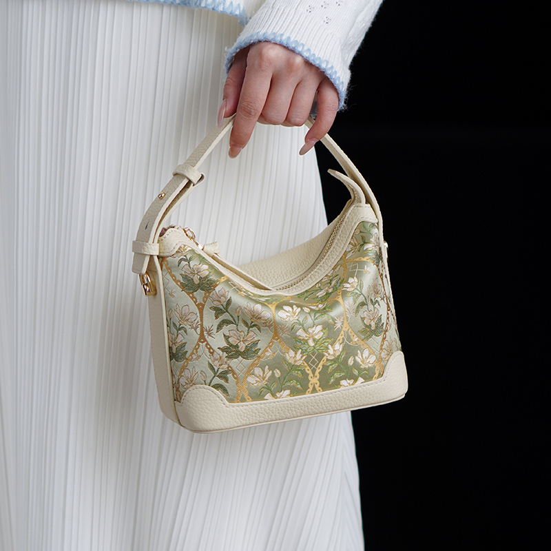 Intangible Cultural Heritage Song Brocade Handbag, New Chinese Style, Niche, Light Luxury, Genuine Leather Handbag, Single Shoulder Crossbody Small Square Bag for Women