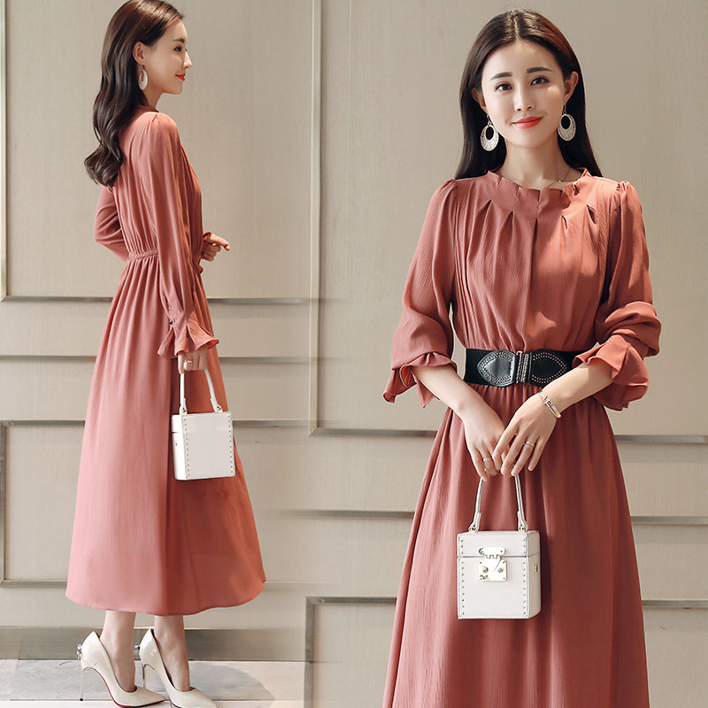 2018春季时尚韩版长袖真丝连衣裙春天气质显瘦中长款休闲裙春裙潮