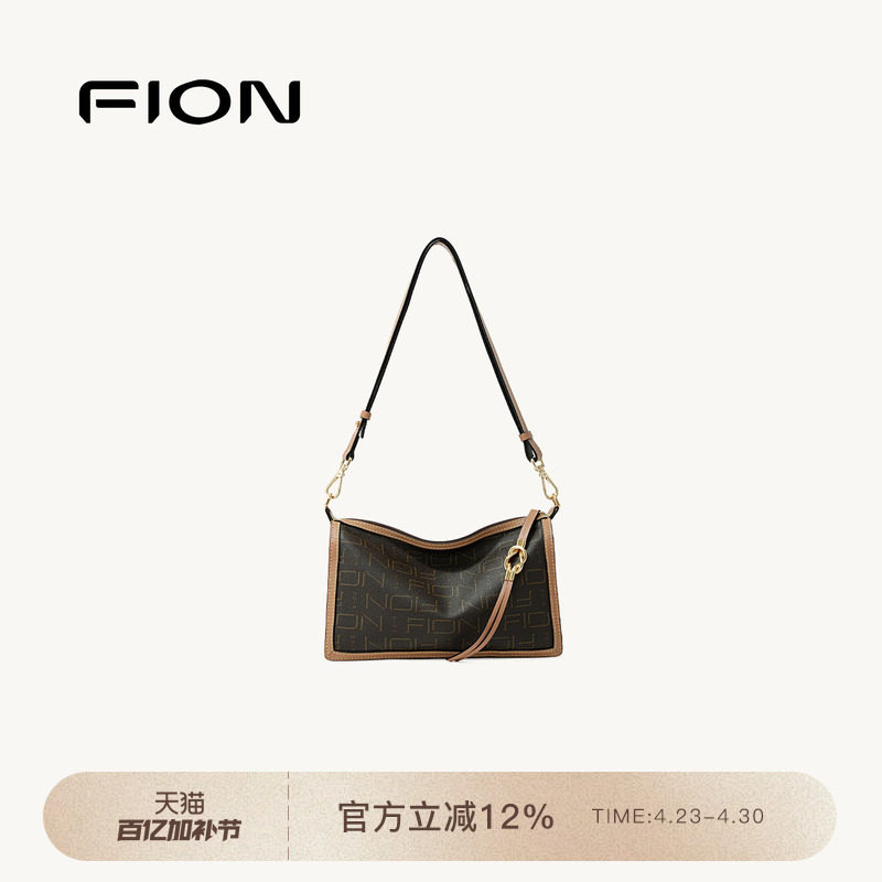 FIONの新作、モノグラム柄の女性用通勤用アンダーアームバッグ。洗練されたシングルショルダー／クロスボディデザインが特徴です。