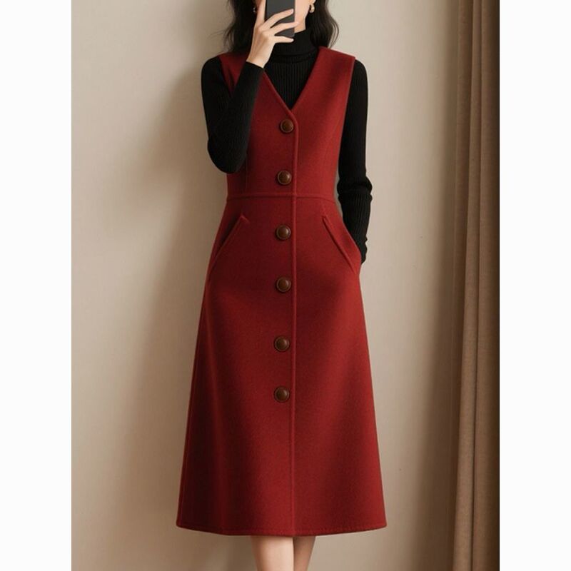 2026 Spring and Autumn New Design Slimming Red Age-Reducing Vest Dress Retro Elegant Waist-Cinching Tank Dress for Women