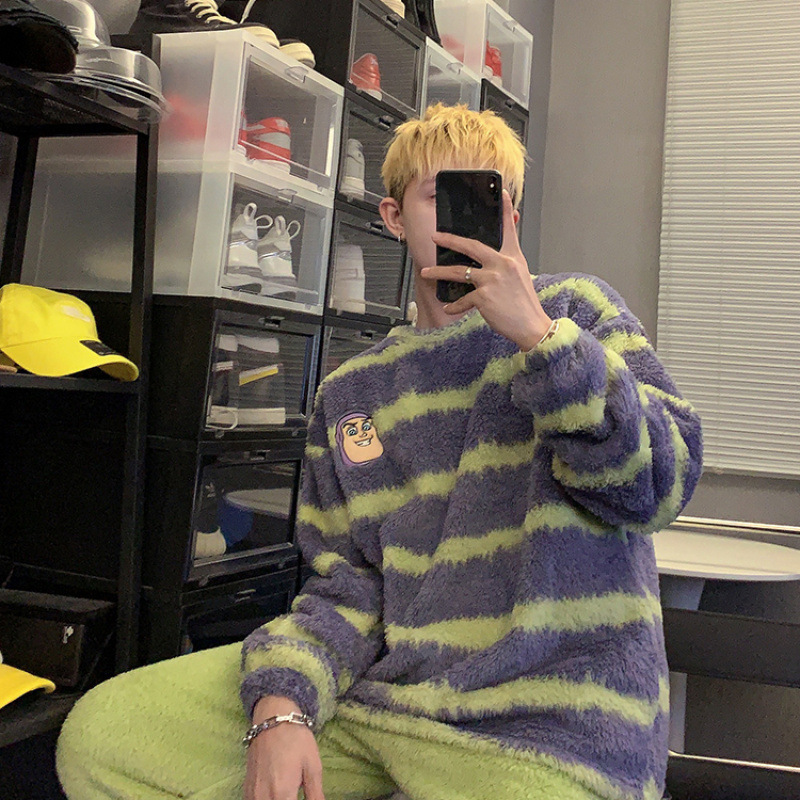 Men's Pajamas Coral Fleece Warm Heated Autumn and Winter New Home Wear Two-Piece Set Fashionable Striped Internet Celebrity Trend
