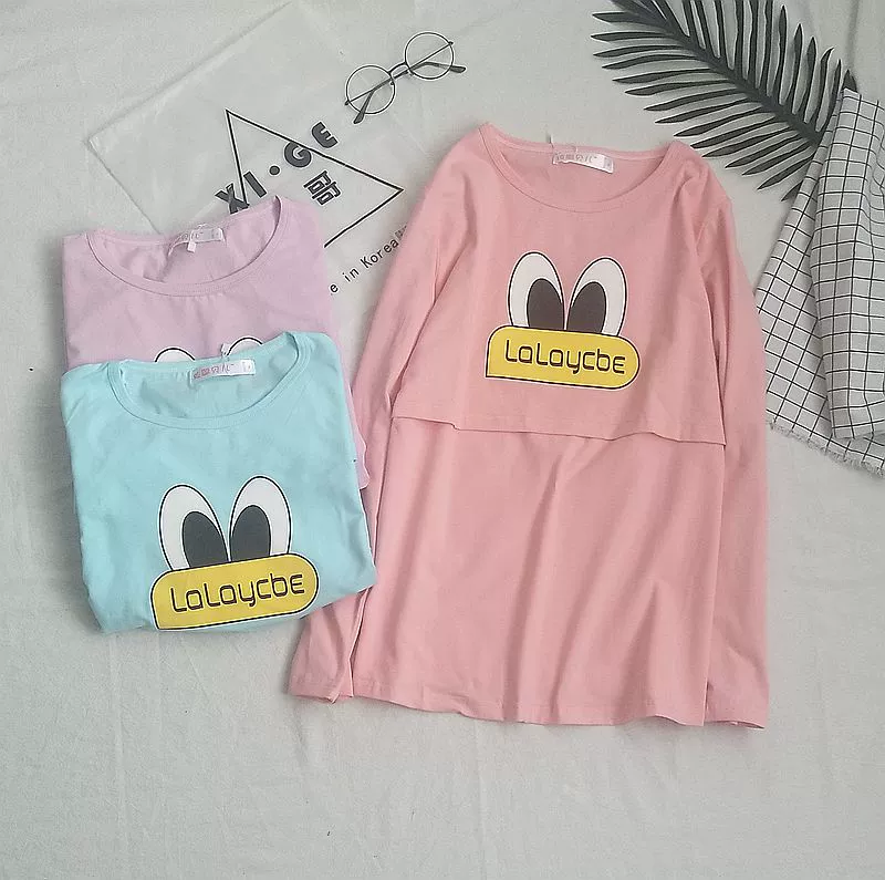 Quần áo dành cho bà bầu, quần áo cho con bú, đồ mặc nhà bằng vải cotton lycra mới cỡ lớn, cho con bú sau sinh, áo lót mùa đông, quần áo mùa thu đơn mảnh - Giải trí mặc / Mum mặc