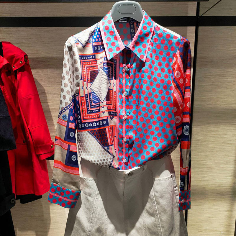 Brother's new 2022 spring brand women's special cabinet printed round dot true silk long sleeve shirt shirt