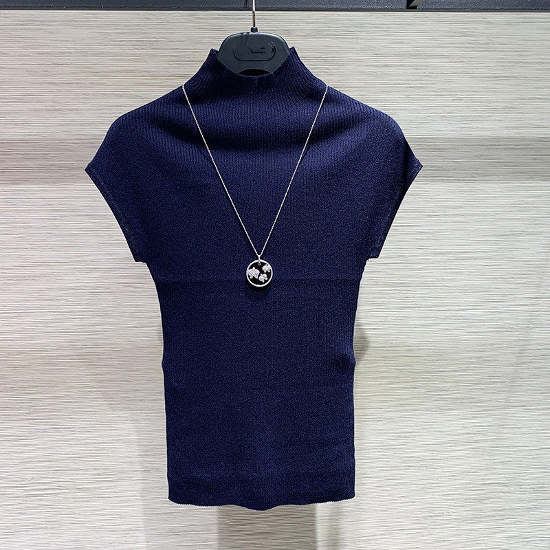 Brother New 2021 summer solid color simple Joker half high collar knitted Ice Silk short sleeve T-shirt Slim