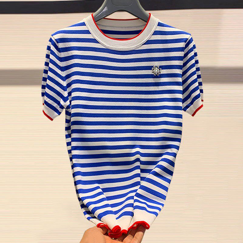 Brother's new women's dress official web 2022 Summer Navy Stripes Thin Knit Ice Silk Short Sleeve T-shirt Woman Thin