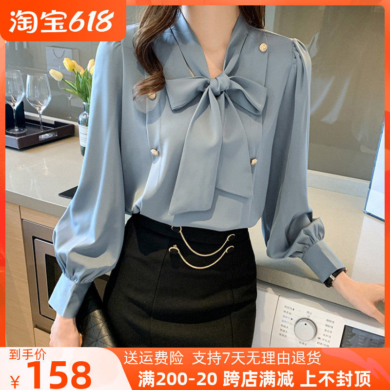 Brother New 2022 Spring Loose Bow Tie Lace Lantern Sleeve Shirt Woman Design Sensation Niche Shirt