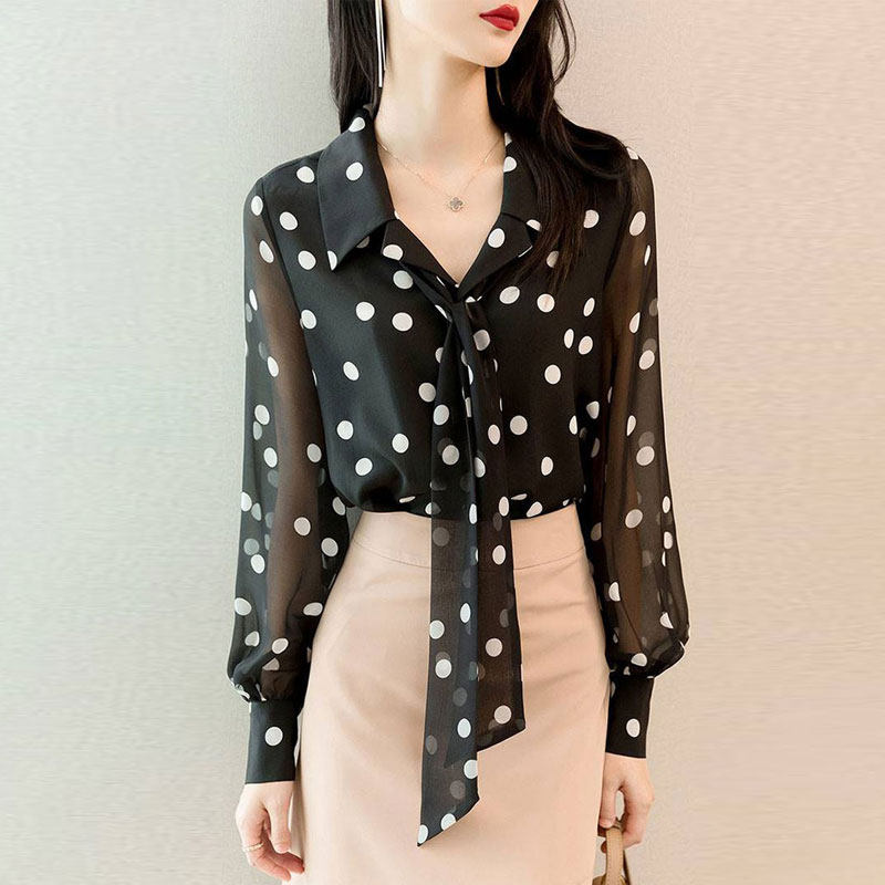 Brother's new 2022 Spring display slim shirt butterfly knot lacing wave point long sleeve snow-spinning shirt woman