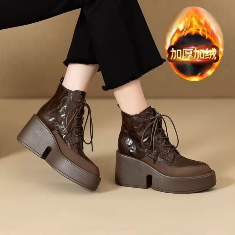 Cotton-Padded Warm Thick-Soled Waterproof Platform Martin Boots for Women, Autumn and Winter Pointed-Toe Chunky High-Heeled Boots, Lace-Up Soft-Soled Short Boots for Women