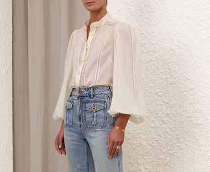 Zimmermann Super Beautiful Embroidered Lace Small Stand Collar Lantern Sleeve Shirt Size 2 Bust 54 White/Black in Stock