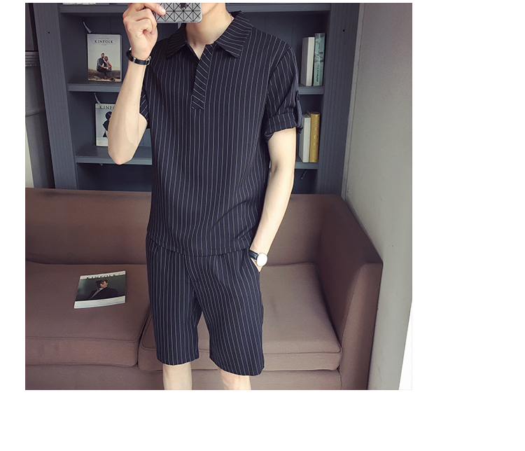 Mùa hè sọc ngắn tay áo thun của nam giới phù hợp với phiên bản Hàn Quốc của xu hướng giản dị hoang dã đẹp trai áo polo ve áo bộ quần áo áo phông nam tay ngắn có cổ