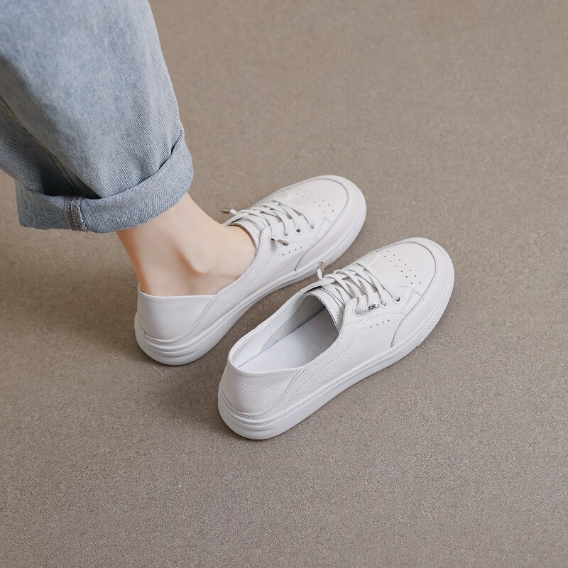 Slip-On First-Layer Cowhide White Shoes for Women 2026 New Summer Thin Breathable Genuine Leather Flat-Soled Lace-Free Sneakers