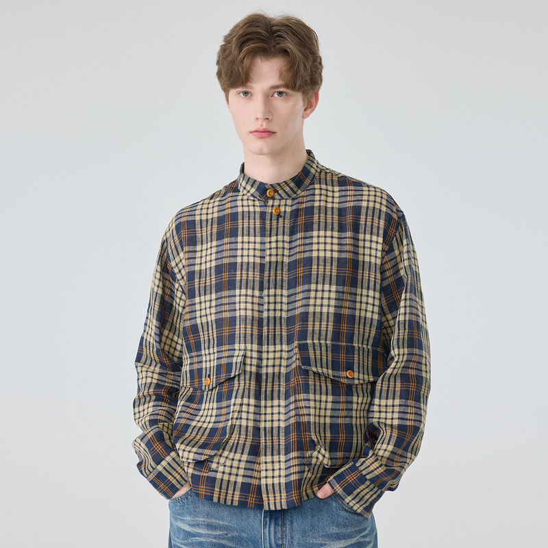 Original Design Men's Casual Simple Retro Linen Plaid Shirt