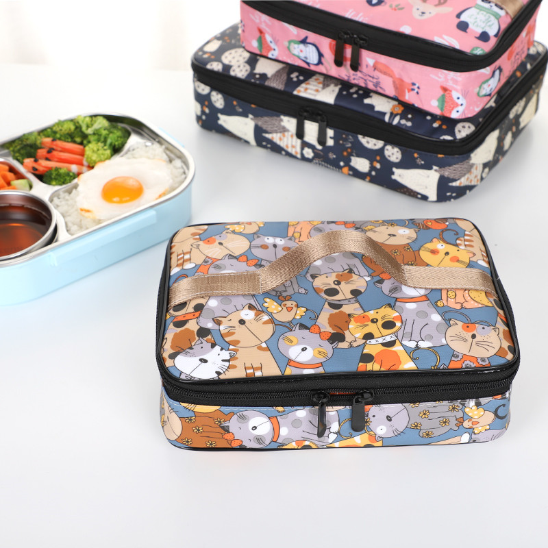 Student flat four-grid flat lunch box bag handbag waterproof insulation lunch box bag meal bag Children's grid plate bag
