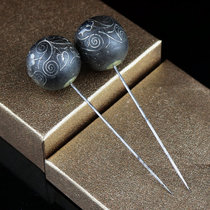 (Western antique jewellery) French handmade pinch of vintage veins inlaid silver wire spherical wooden hat-pin