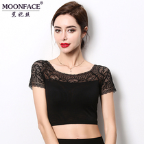 Half mesh base shirt Short sleeve lace Sexy half body Black inner short gauze top blouse t-shirt for women