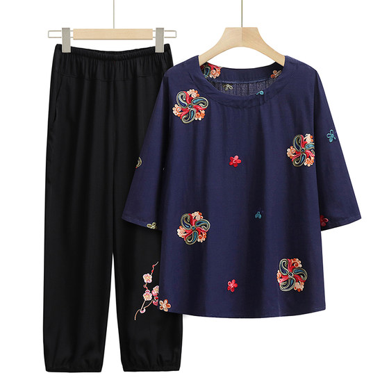 Mother's summer clothes, middle-aged and elderly women's clothes, grandma's suit, short-sleeved t-shirt, national style, mid-sleeve top, old lady's clothes