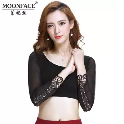 Half-cut black mesh base shirt low round neck women's long sleeve inner lace shirt short version T-shirt thin top