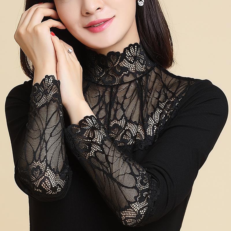 Lace bottoming shirt plus velvet half-high collar top 2021 autumn new style black stand-up collar hollow slim fit small shirt