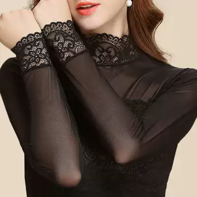 Lace base shirt with half high collar 2021 spring new black stand collar mesh slim long sleeve gauze women's clothing