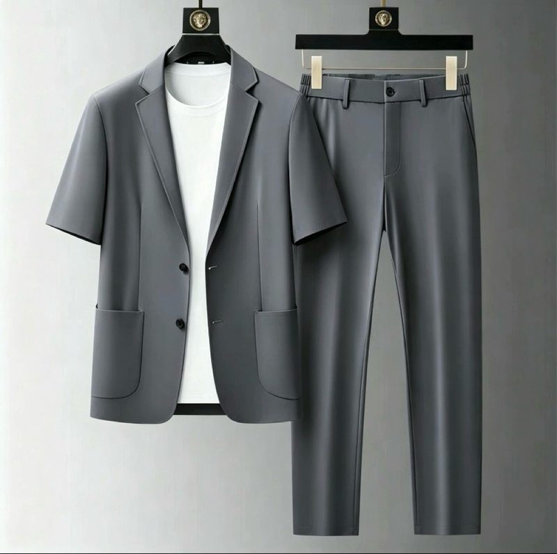 Summer High-End Casual Short-Sleeved Suit for Men, Thin, Cool, Ice Silk, Anti-Wrinkle, No-Iron, Seamless Three-Piece Suit