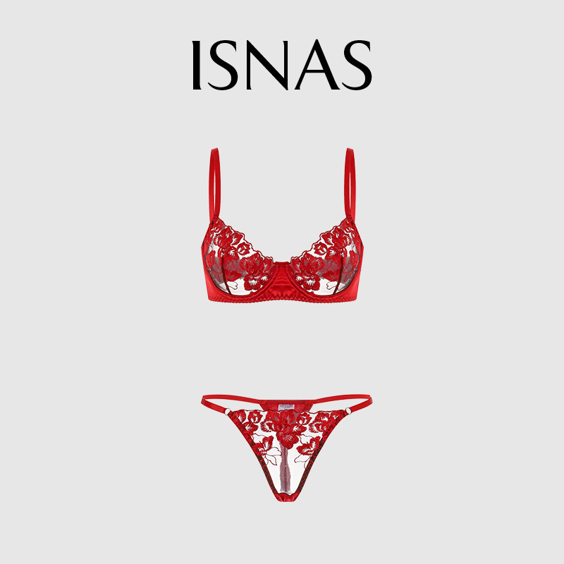 French Isnas Sexy French-Style Embroidered Floral Ultra-Thin Push-Up Bra Set for Large Busts, Minimizing Thong Bra Set