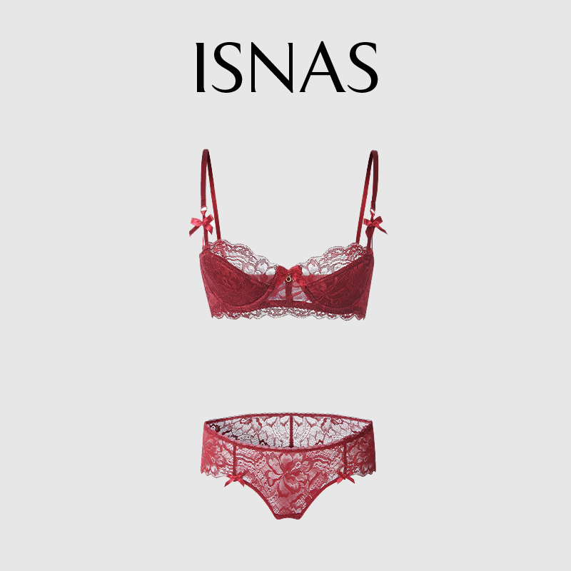 French Isnas Lace Sexy Lingerie Red Thin Cotton Half-Cup Women's Bra with Slight Push-Up and Underwire Set French Isnas Lace Sexy Lingerie Red Thin Cotton Half-Cup Women's Bra with Slight Push-Up and Underwire Set