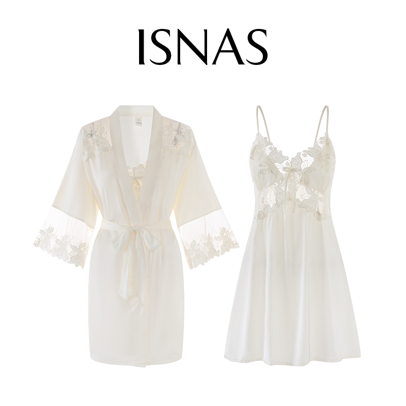 French Isnas Sexy Pure Desire Style Camisole Nightgown with Chest Pads, Stretch Satin Lace Embroidery Straps