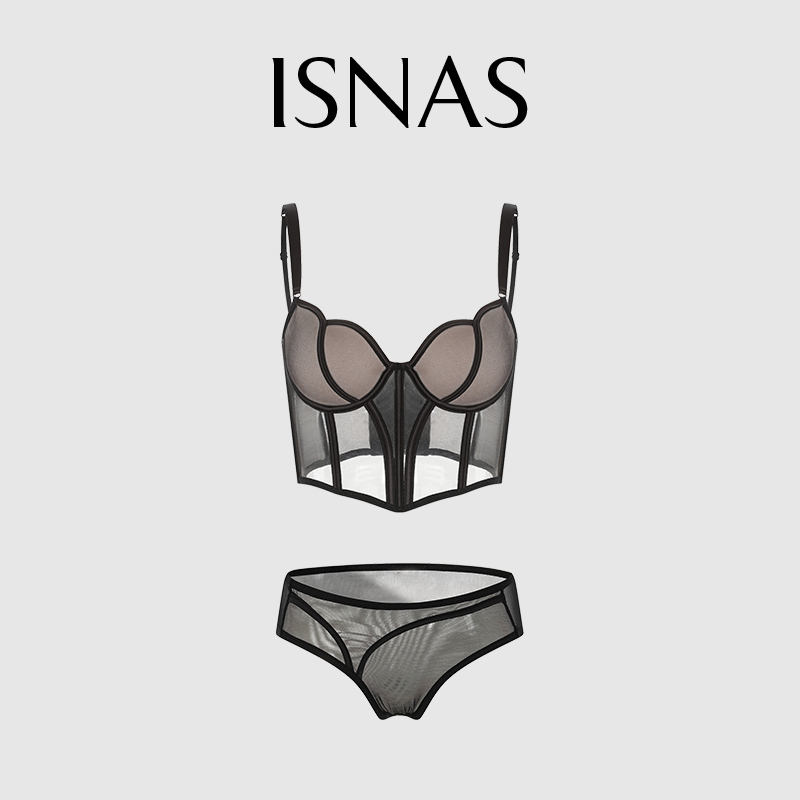 French Isnas Fishbone Gathering French-Style Long Bra Set Thin Mesh Vest Sexy Lingerie Shapewear