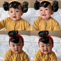 ins Han Edition New Childrens Hairy Hairy Handtape Wig ball head baby beam with girl headband hair
