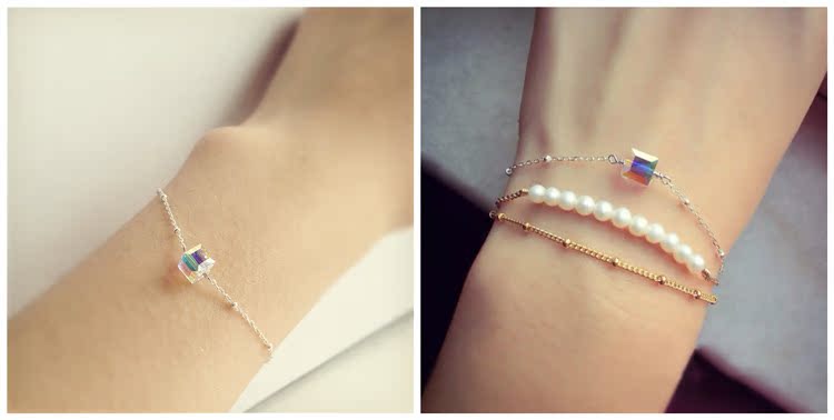 Vòng tay bạc 925 sterling Aurora đường khối nữ Nhật Bản và Hàn Quốc đơn giản pha lê vòng chân khí chất kim cương hoang dã ngọt ngào bạc - Vòng chân vòng chân cho nữ