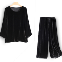 Velvet Set 2021 spring pure black mulberry silk long sleeve top wide leg pants women loose slim Fashion 2 piece set