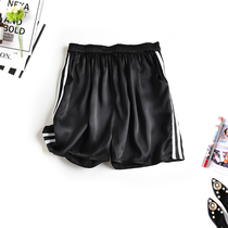 Summer silk shorts women wear black loose slim sports side stripe pocket casual pants mulberry silk pants