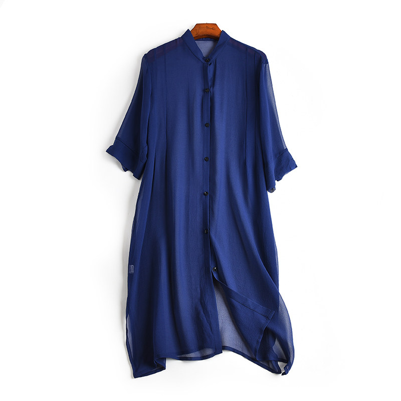 Thin Jacket Jacket 2022 New Genuine Silk Woman Cardiovert Dress Pure Color Mulberry Silk Long Version Sexy Sunscreen Loot