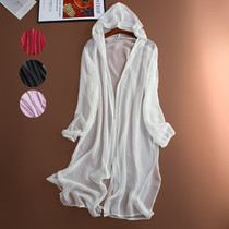 Silk Sunscreen Clothes 2021 New Women Plus Size Hooded Outside Long Cardigan Silk Thin Coat Solid Color Shawl Trench