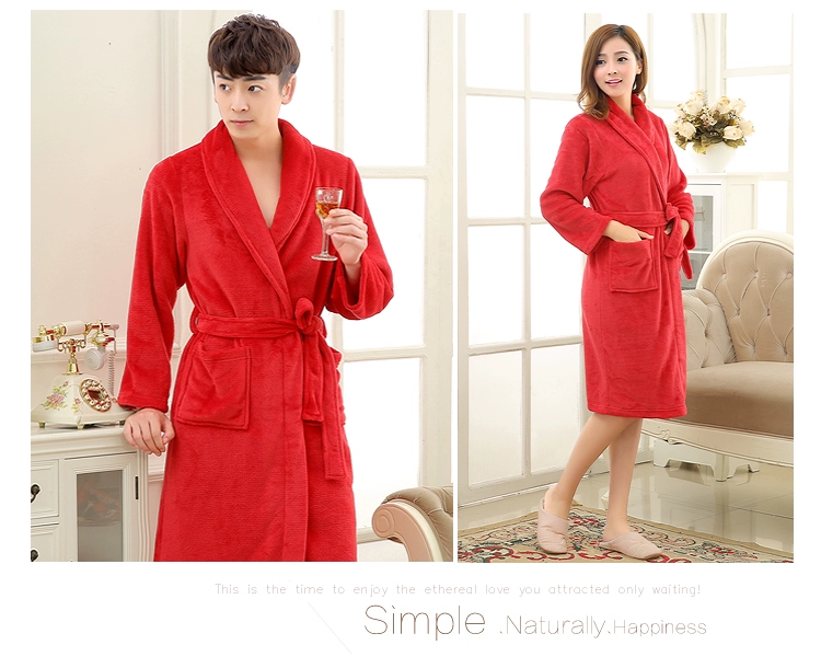 Mùa xuân và mùa thu những người yêu thích flannel áo ngủ nam và nữ áo choàng tắm san hô lông cừu rắn màu áo choàng tắm dài tay đồ ngủ quần áo ngủ