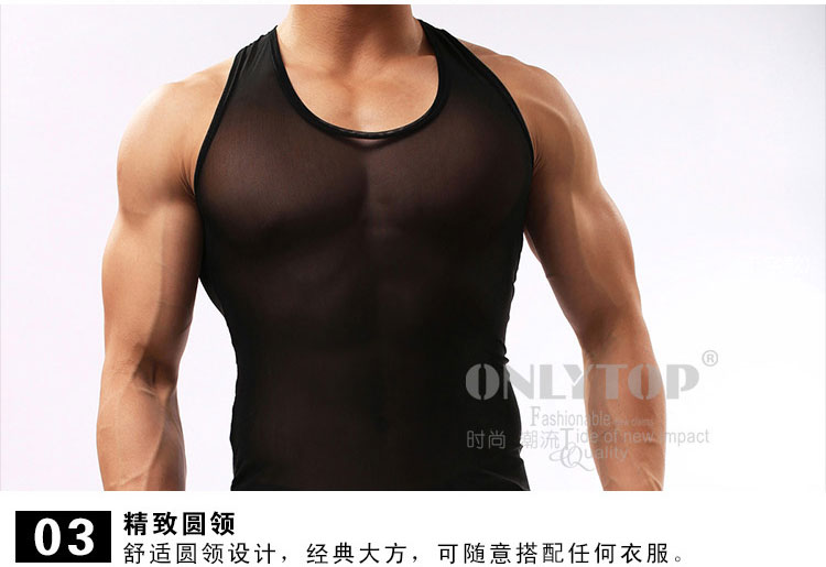 Lưới trong suốt vest T-Shirt nam băng lụa thoáng khí slashing cắt vai không tay áo mùa hè phần mỏng áo sơ mi nam